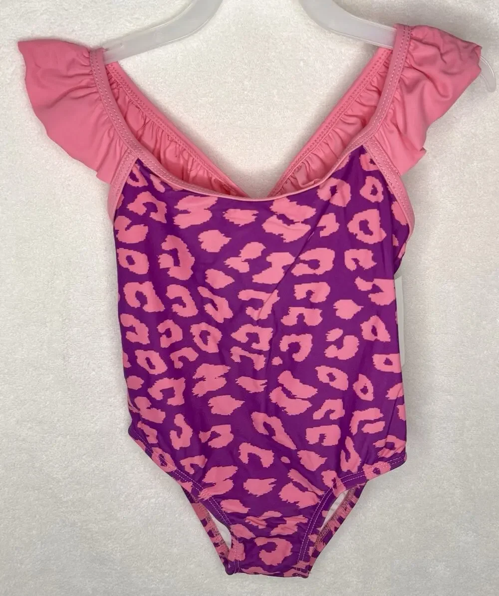4T Girl Pink/Purple Leopard One-Piece Bathing Suit w/Ruffles, Keyhole Back